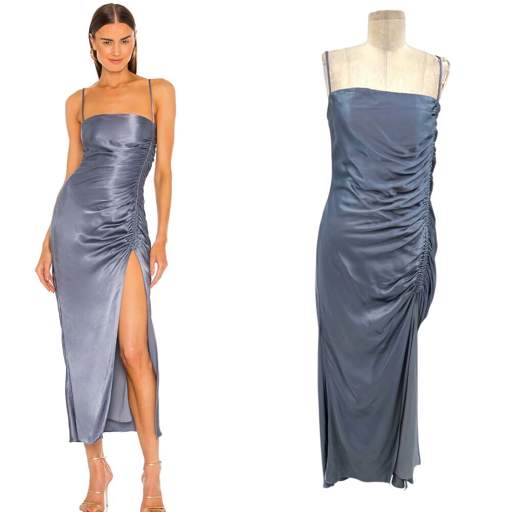 Shona Joy Lily Bias Ruched Midi Dress Blue Smoke Size US 6